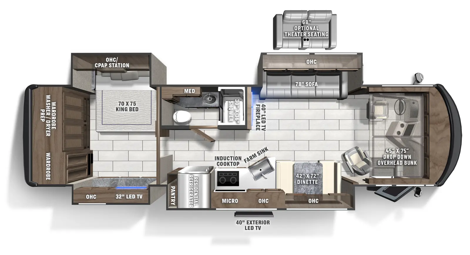 The 354QS has four slideouts and one entry door. Exterior features exterior LED TV. Interior layout front to back: drop down overhead bunk above entry and cockpit; off-door side sofa with overhead cabinets, and LED TV with fireplace along inner wall; door side slideout with dinette, overhead cabinets, kitchen counter with farm sink, induction cooktop, overhead cabinet, microwave, residential refrigerator, and pantry; off-door side full bathroom with double sinks and medicine cabinet; rear bedroom with off-door side king bed slideout with overhead cabinet and CPAP station, door side slideout with LED TV and overhead cabinets, and full rear wardrobes with washer/dryer prep. Optional theater seating in place of sofa.